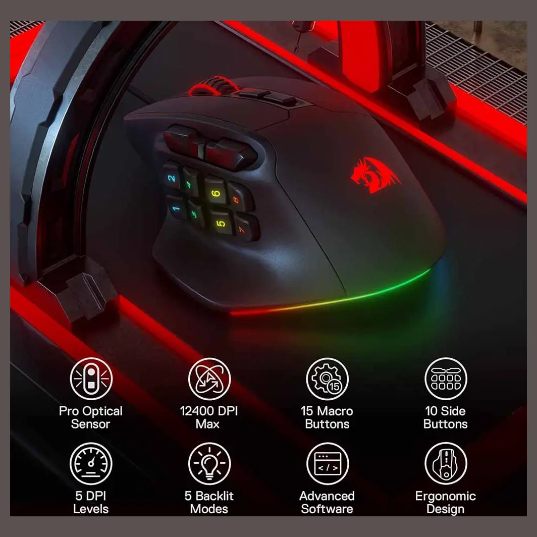 Redragon M811 Aatrox MMO RGB Wired Gaming Mouse 12400 DPI 15 Programmable Buttons Black